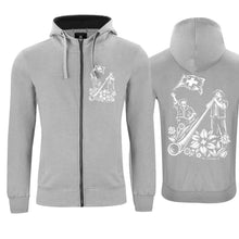 Load image into Gallery viewer, Kapuzenjacke Alphorn & Fahnenschwinger, Grau, Rücken & Brust