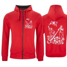 Load image into Gallery viewer, Kapuzenjacke Alphorn & Fahnenschwinger, Rot, Rücken & Brust