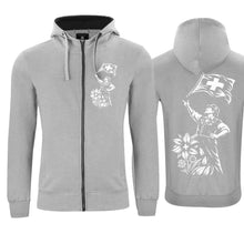 Lade das Bild in den Galerie-Viewer, Kapuzenjacke Fahnenschwinger, Graumeliert, Brust + Rücken