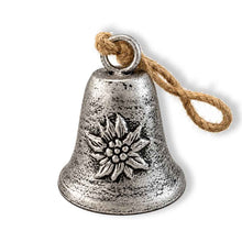 Lade das Bild in den Galerie-Viewer, Silberfarbige Glocke mit Edelweiss & Kordel, 5cm oder 7cm