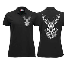 Lade das Bild in den Galerie-Viewer, Polo Damen mit Hirsch, Schwarz, Brust klein & Rücken gross
