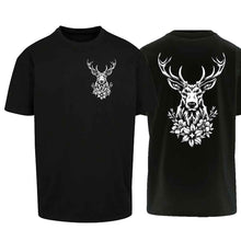 Lade das Bild in den Galerie-Viewer, Oversize T-Shirt mit Hirsch, Schwarz, Brust klein & Rücken gross