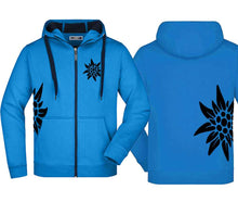 Load image into Gallery viewer, Edelweiss hooded jacket, azure/navy, black Edelweiss