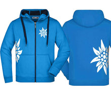 Load image into Gallery viewer, Edelweiss hooded jacket, azure/navy, white Edelweiss