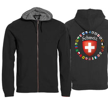 Load image into Gallery viewer, Kapuzenjacke Schwarz, Schweiz und Kanton Wappen