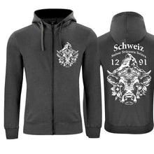Lade das Bild in den Galerie-Viewer, Kapuzenjacke Anthrazit mit Schweizer Kuh und Matterhorn