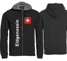 Lade das Bild in den Galerie-Viewer, Kapuzenjacke Unisex Schwarz mit Schweizerkreuz Patch und Text Eidgenossin