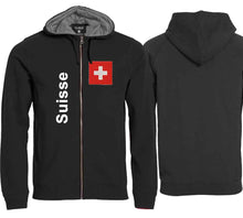 Lade das Bild in den Galerie-Viewer, Kapuzenjacke Unisex Schwarz mit Schweizerkreuz Patch und Text Suisse
