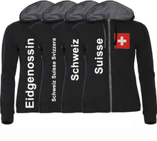 Lade das Bild in den Galerie-Viewer, Kapuzenjacke Damen Schwarz mit Schweizerkreuz und Text
