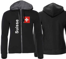Lade das Bild in den Galerie-Viewer, Kapuzenjacke Damen Schwarz mit Schweizerkreuz und Text Suisse