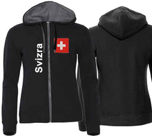Lade das Bild in den Galerie-Viewer, Kapuzenjacke Damen Schwarz mit Schweizerkreuz und Text Svizra