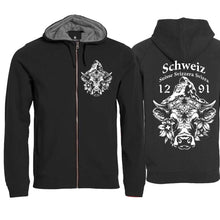 Lade das Bild in den Galerie-Viewer, Kapuzenjacke Schwarz mit Schweizer Kuh und Matterhorn