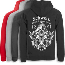 Lade das Bild in den Galerie-Viewer, Kapuzenjacke mit Schweizer Kuh und Matterhorn