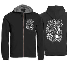 Lade das Bild in den Galerie-Viewer, Kapuzenjacke mit Kuh, schwarz, Brust klein & Rücken gross