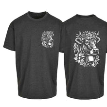 Lade das Bild in den Galerie-Viewer, Oversize T-Shirt mit Kuh, Grau, Brust klein & Rücken gross