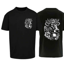 Lade das Bild in den Galerie-Viewer, Oversize T-Shirt mit Kuh, Schwarz, Brust klein & Rücken gross