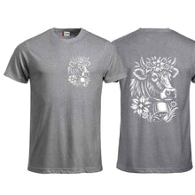 Lade das Bild in den Galerie-Viewer, T-Shirt Alpen Kuh mit Blumen, Grau, Brust klein & Rücken gross