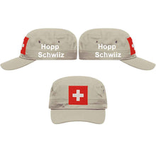 Lade das Bild in den Galerie-Viewer, Militär Cap Khaki mit Schweizerkreuz, Text Hopp Schwiiz