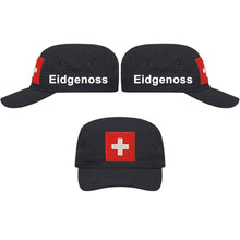 Lade das Bild in den Galerie-Viewer, Militär Cap Schwarz mit Schweizerkreuz, Text Eidgenoss