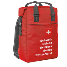 Lade das Bild in den Galerie-Viewer, Trage Rucksack in Rot mit Schweizerkreuz und Schweizer Pass Design