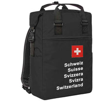 Lade das Bild in den Galerie-Viewer, Trage Rucksack in Schwarz mit Schweizerkreuz und Schweizer Pass Design