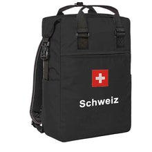 Lade das Bild in den Galerie-Viewer, Trage Rucksack in Schwarz mit Schweizerkreuz und Text Schweiz