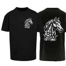 Lade das Bild in den Galerie-Viewer, Oversize T-Shirt mit Pferd, Schwarz, Brust, Rücken