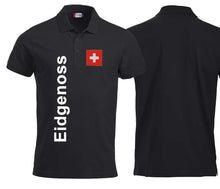 Lade das Bild in den Galerie-Viewer, Polo Unisex Schwarz mit Schweizerkreuz Patch und Text Eidgneoss