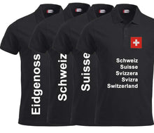 Lade das Bild in den Galerie-Viewer, Polo Unisex Schwarz mit Schweizerkreuz Patch und Text