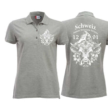 Lade das Bild in den Galerie-Viewer, Polo Damen Graumeliert mit Schweizer Kuh vor dem Matterhorn und Text Schweiz Suisse Svizzera Svizra 1291 Confoederatio Helvetica