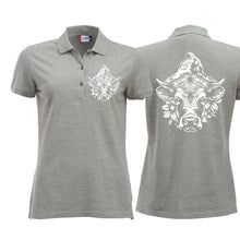 Lade das Bild in den Galerie-Viewer, Polo Damen Graumeliert mit Schweizer Kuh vor dem Matterhorn