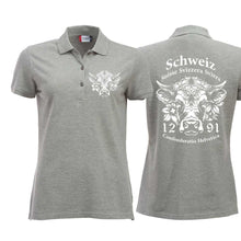 Lade das Bild in den Galerie-Viewer, Polo Damen Graumeliert mit Schweizer Kuh und Text Schweiz Suisse Svizzera Svizra 1291 Confoederatio Helvetica