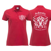 Lade das Bild in den Galerie-Viewer, Polo Damen Rot mit Schweizer Kuh und Text Schweiz Suisse Svizzera Svizra 1291 Confoederatio Helvetica
