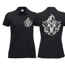 Lade das Bild in den Galerie-Viewer, Polo Damen Schwarz mit Schweizer Kuh vor dem Matterhorn