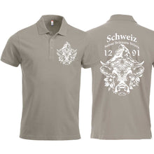 Lade das Bild in den Galerie-Viewer, Polo Silber Unisex mit Schweizer Kuh vor dem Matterhorn und Text Schweiz Suisse Svizzera Svizra 1291 Confoederatio Helvetica
