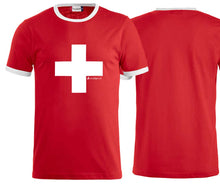 Load image into Gallery viewer, Raglan T-Shirt Rot zum selber Designen, Schweizerkreuz Brust