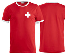 Load image into Gallery viewer, Raglan T-Shirt Rot zum selber Designen, Schweizerkreuz Brust klein