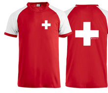 Load image into Gallery viewer, Raglan T-Shirt Rot mit Schweizerkreuz Brust und Rücken