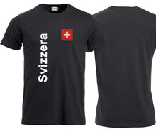 Lade das Bild in den Galerie-Viewer, T-Shirt Unisex Schwarz mit Schweizerkreuz und Text Svizzera
