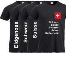 Lade das Bild in den Galerie-Viewer, T-Shirt Unisex Schwarz mit Schweizerkreuz und Text