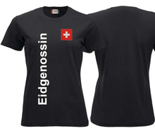 Lade das Bild in den Galerie-Viewer, T-Shirt Damen Schwarz mit Schweizerkreuz und Text Eidgneossin