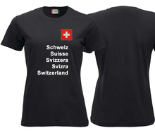 Lade das Bild in den Galerie-Viewer, T-Shirt Damen Schwarz mit Schweizerkreuz und Text Schweizer Pass