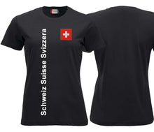 Lade das Bild in den Galerie-Viewer, T-Shirt Damen Schwarz mit Schweizerkreuz und Text Schweiz Suisse Svizzera