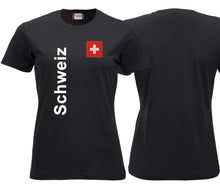 Lade das Bild in den Galerie-Viewer, T-Shirt Damen Schwarz mit Schweizerkreuz und Text Schweiz