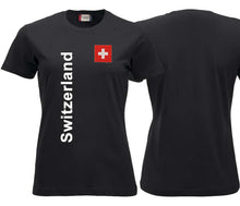 Lade das Bild in den Galerie-Viewer, T-Shirt Damen Schwarz mit Schweizerkreuz und Text Switzerland