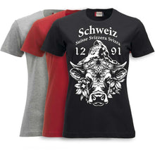 Lade das Bild in den Galerie-Viewer, T-Shirt Damen mit Schweizer Kuh und Matterhorn und Text Schweiz Suisse Svizzera Svizra 1291 Confoederatio Helvetica