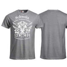 Lade das Bild in den Galerie-Viewer, T-Shirt Graumeliert mit Schweizer Kuh und Text Schweiz Suisse Svizzera Svizra 1291 Confoederatio Helvetica