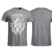 Lade das Bild in den Galerie-Viewer, T-Shirt Graumeliert mit Schweizer Kuh und Matterhorn und Text Schweiz Suisse Svizzera Svizra 1291 Confoederatio Helvetica