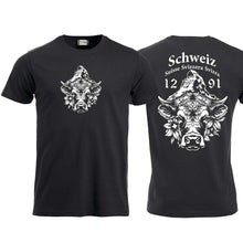 Lade das Bild in den Galerie-Viewer, T-Shirt Schwarz mit Schweizer Kuh und Matterhorn und Text Schweiz Suisse Svizzera Svizra 1291 Confoederatio Helvetica