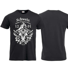 Lade das Bild in den Galerie-Viewer, T-Shirt Schwarz mit Schweizer Kuh und Matterhorn und Text Schweiz Suisse Svizzera Svizra 1291 Confoederatio Helvetica